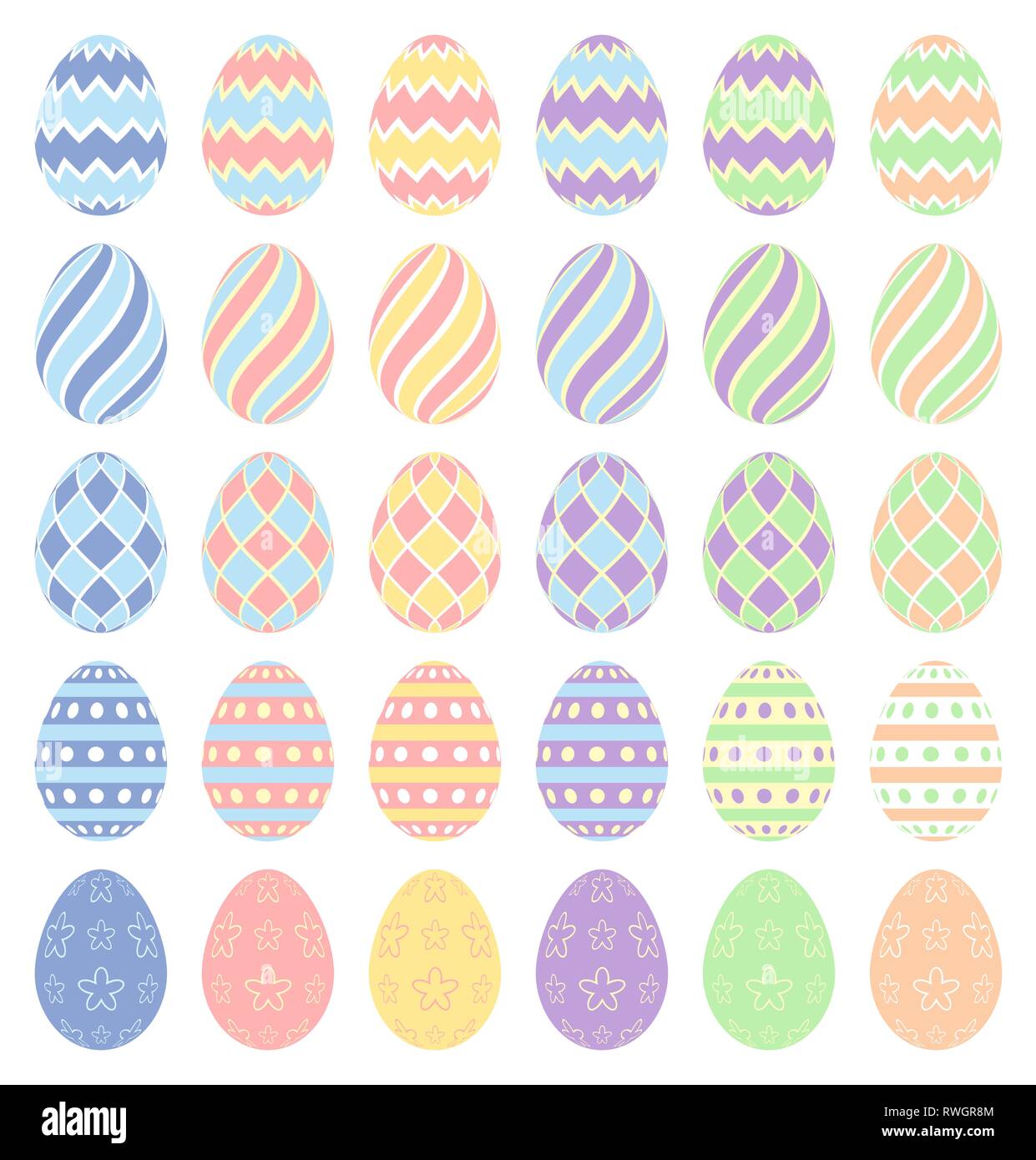 Pastel color vector illustration of Easter eggs on a white background. Stock Vector