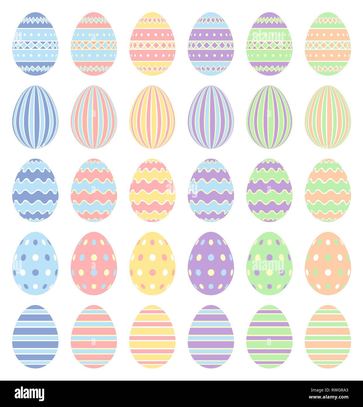 Happy Easter. Pastel collection of Easter eggs with different pattern