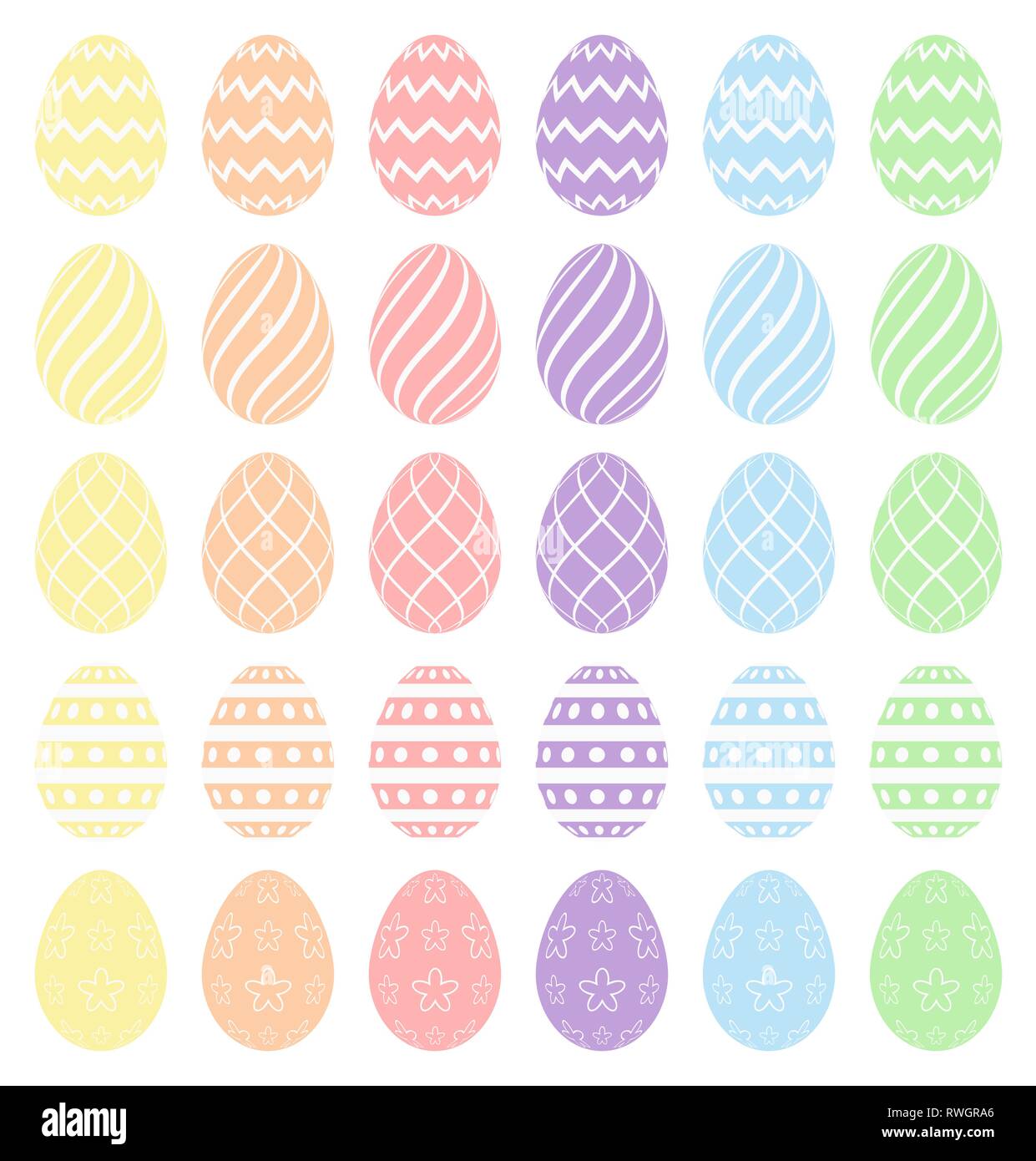 Easter eggs, collection of easter eggs. Pastel spectrum colors. High