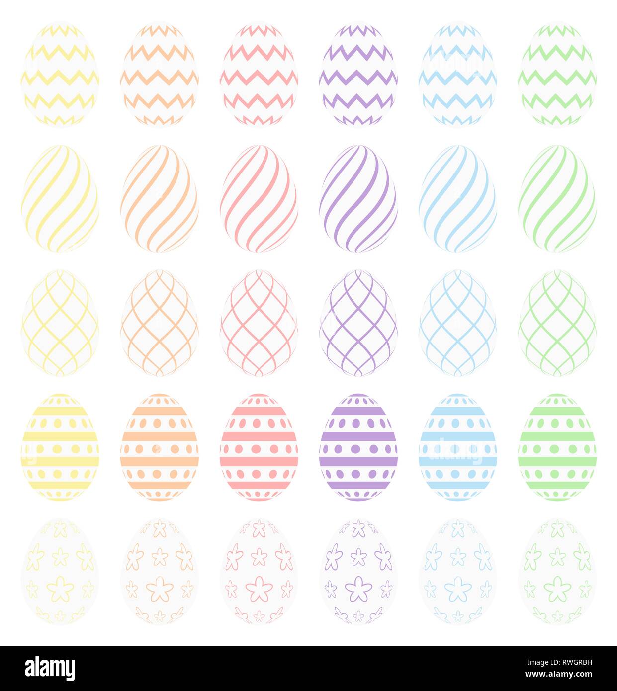 Set of white Easter eggs with various pastel colorful patterns. High quality vector. Stock Vector