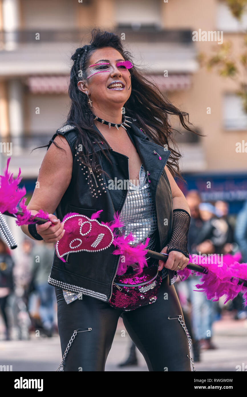 Traditional carnival in a Spanish town Palamos in Catalonia. Many people in costume and interesting make-up. 03. 03. 2019 Spain Stock Photo