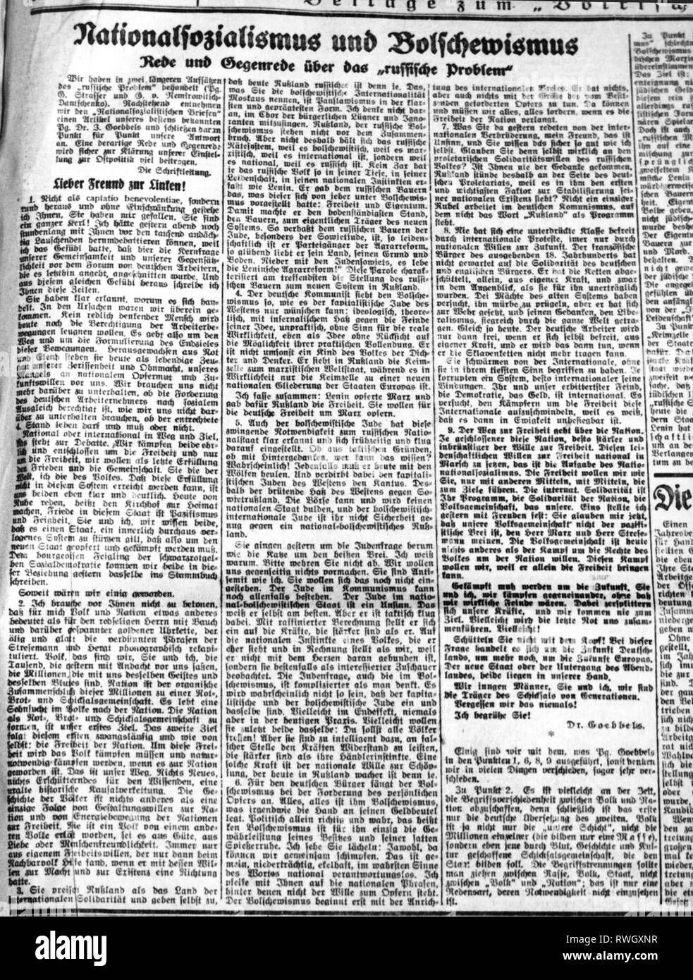 Goebbels, Joseph, 29.10.1897 - 1.5.1945, German politician (NSDAP), article 'Nationalsocialism and Bolshevism', from: 'Nationalsozialistische Briefe', 14.11.1925, Artist's Copyright has not to be cleared Stock Photo