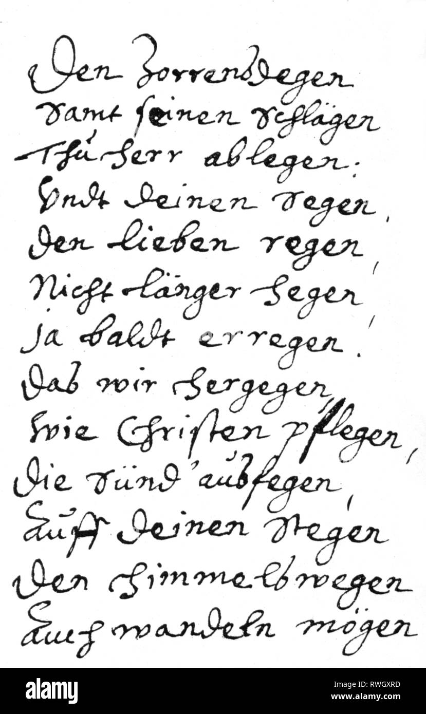 Werder, Dietrich von dem, 17.1.1584 - 18.12.1657, German poet, poem, 'Gebetein wegen Regens', from of a letter to prince Louis I von Anhalt-Koethen, 1638, facsimile, 19th century, Additional-Rights-Clearance-Info-Not-Available Stock Photo