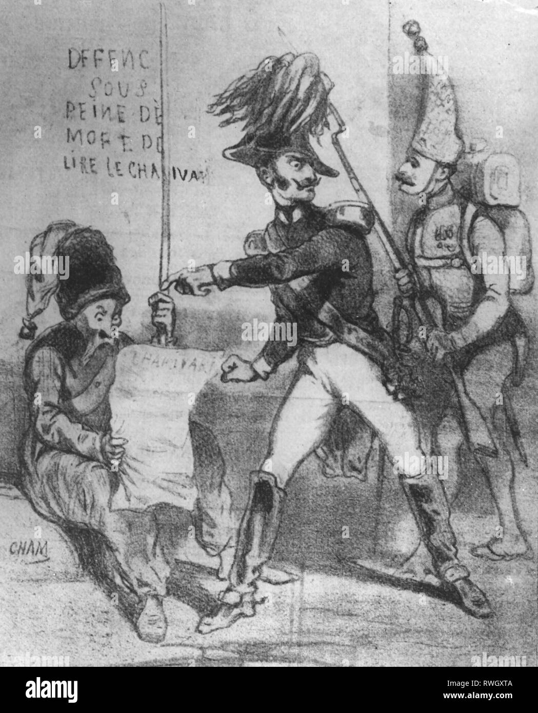 Nicholas I Pavlovich, 6.7.1796 - 2.3.1855, emperor of Russia 19.11.1825 - 2.3.1855, half length, caricature, 'What! This cossack is reading a French paper?', drawing by Cham (1819 - 1879), from: 'Le Charivari', Paris, circa 1854, France, czar, Romanov, Holstein-Gottorp, Holstein - Gottorp, Romanow-Holstein-Gottorp, graphic, humor, satire, press / media, freedom of the press / media, censorship, ban, standing, standing, uniform, plume hat, soldier, Cossack, reading, reading, newspaper, Artist's Copyright has not to be cleared Stock Photo
