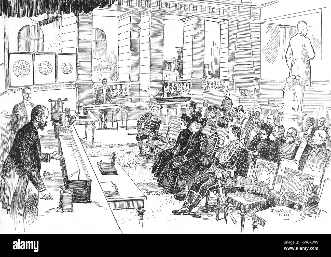 Strecker, Karl, 26.3.1858 - 24.8.1934, German physicist and electrical engineer, half length, holding of a lecture about cabel telegraphy in presence of the Imperial couple, Imperial Mail Musuem, Berlin, wood engraving based on drawing by Ewald Thiel, 'Die Woche', 1900, Artist's Copyright has not to be cleared Stock Photo