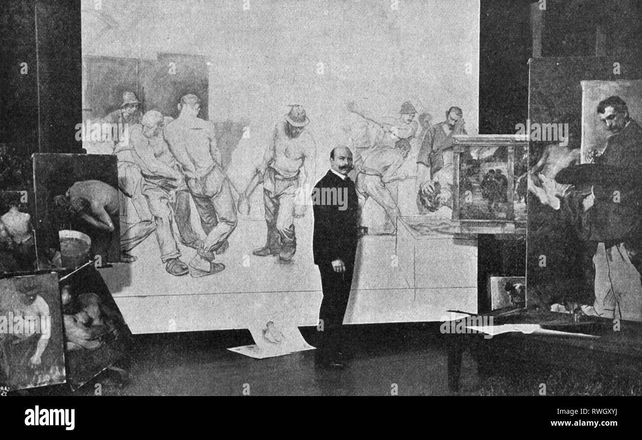 Kampf, Arthur, 26.9.1864 - 8.2.1950, German painter, half-length, in front of painting for the Aachen courthouse, from: 'Die Woche', number 18, Berlin, 1900, Additional-Rights-Clearance-Info-Not-Available Stock Photo