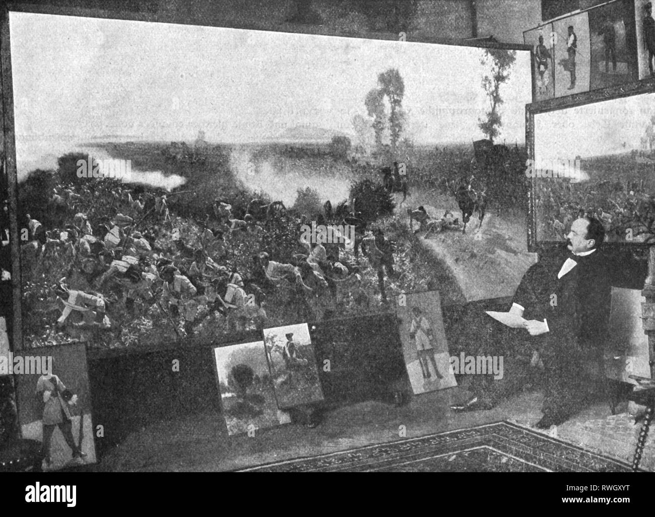 Roechling, Carl, 18.10.1855 - 6.5.1920, German painter, half-length, in front of his painting on the battle of Hohenfriedberg, from: 'Die Woche', number 18, Berlin, 1900, Additional-Rights-Clearance-Info-Not-Available Stock Photo