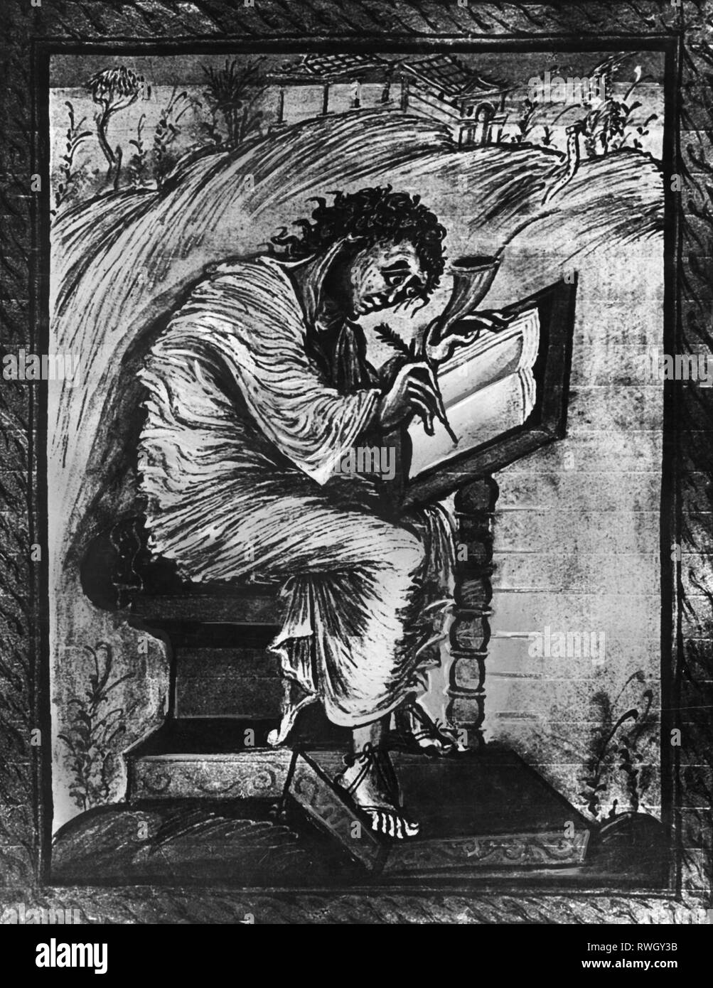 Matthew, evangelist, apostle, 1st century AD, full-length, at writing desk, illuminated manuscript, Book of Gospels of archbishop Ebo of Reims, School of Reims, circa 850, Additional-Rights-Clearance-Info-Not-Available Stock Photo
