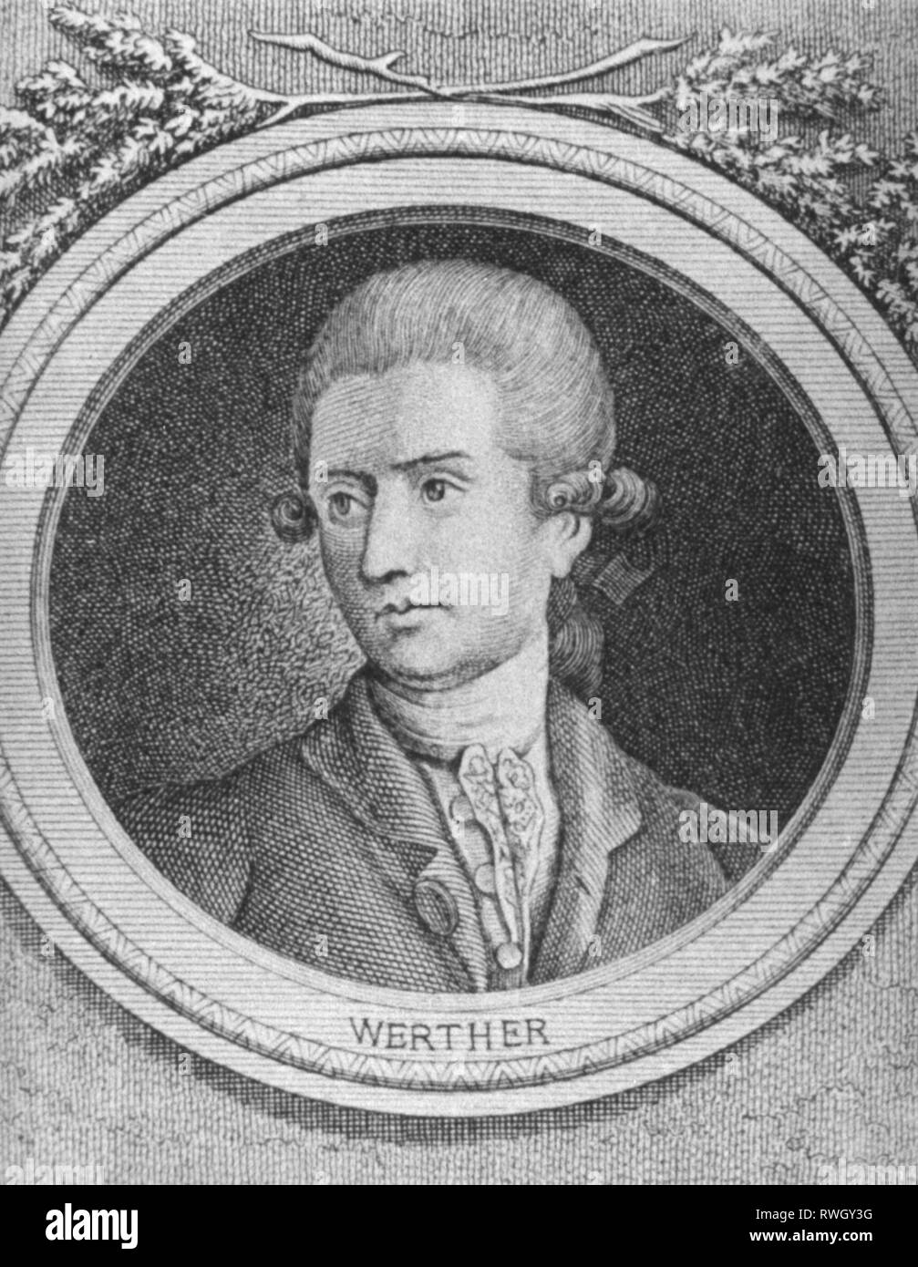 Goethe, Johann Wolfgang, 28.8.1749 - 22.3.1832, German author / writer, works, novel 'The Sorrows of Young Werther', illustration, detail, Werther, drawing by Daniel Chodowiecki, to the complete edition of Goethe's writings by Christian Friedrich Himburg, Berlin, 1775, Artist's Copyright has not to be cleared Stock Photo