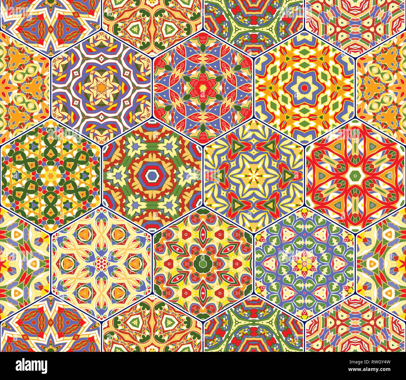 Bright seamless pattern of hexagonal tiles with vintage ornament ...