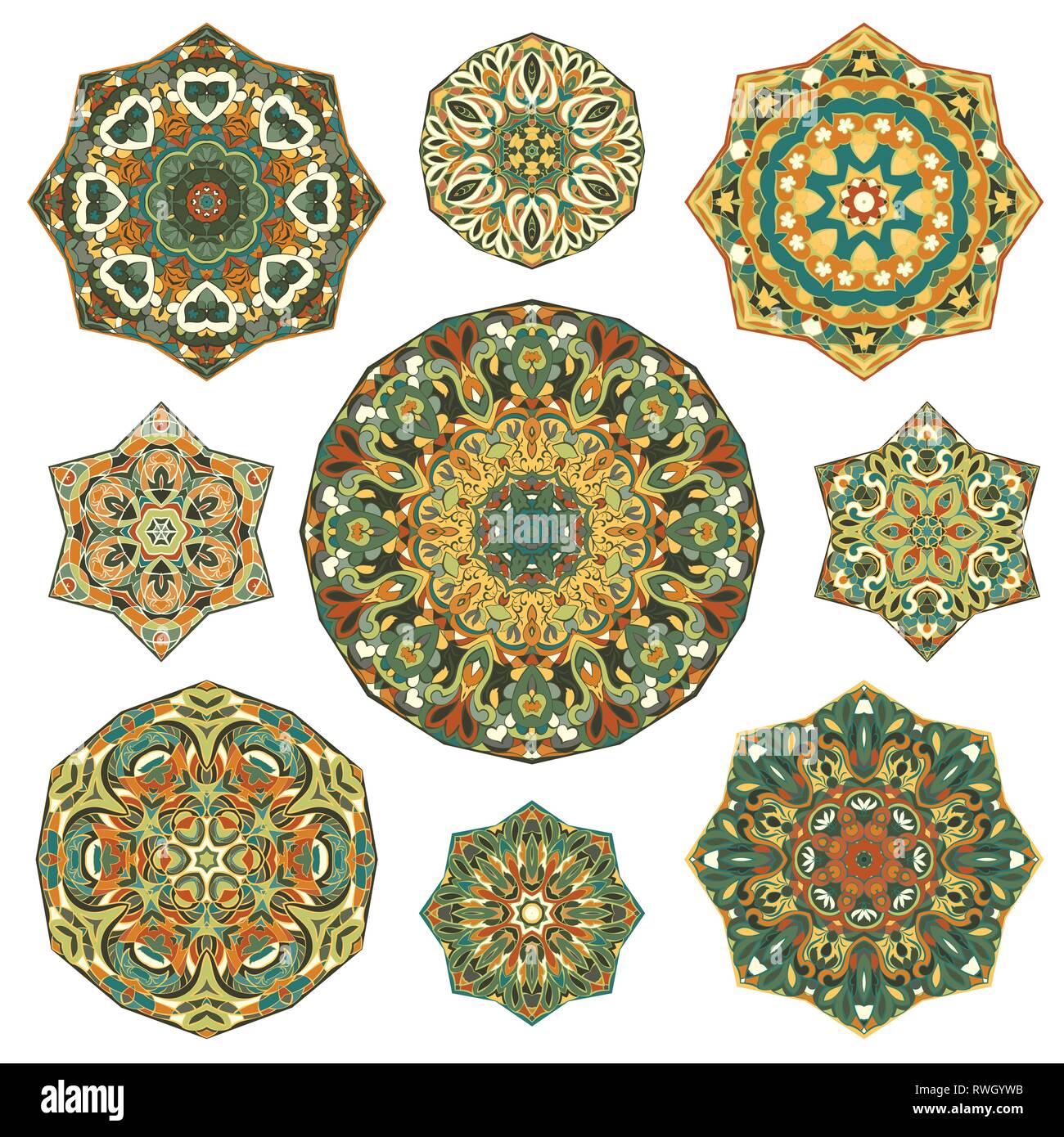 Set of nine abstract circular elements. Round colorful mandalas ...