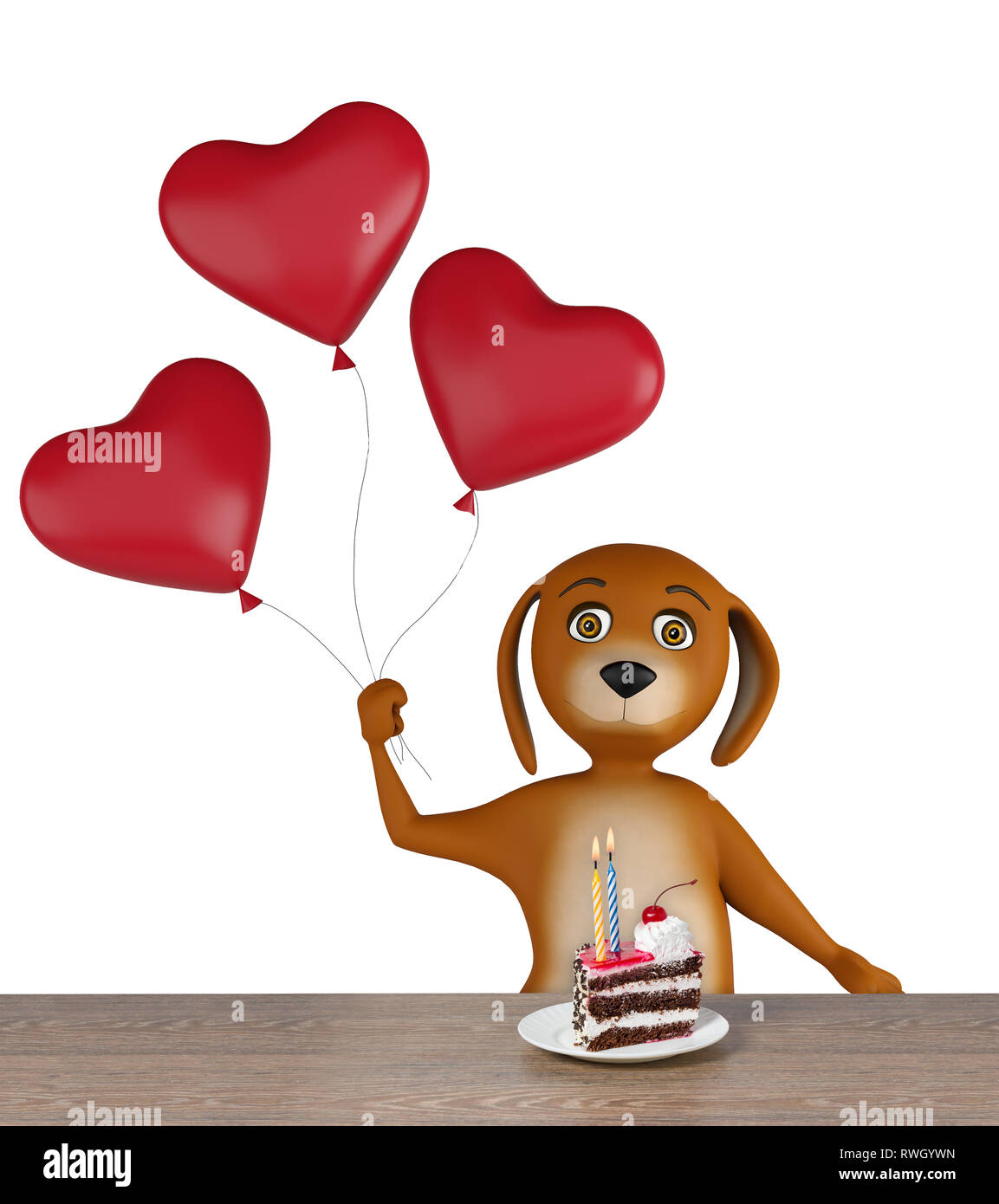 Valentines dog holding heart baloons -- isolated on white background. 3d render Stock Photo