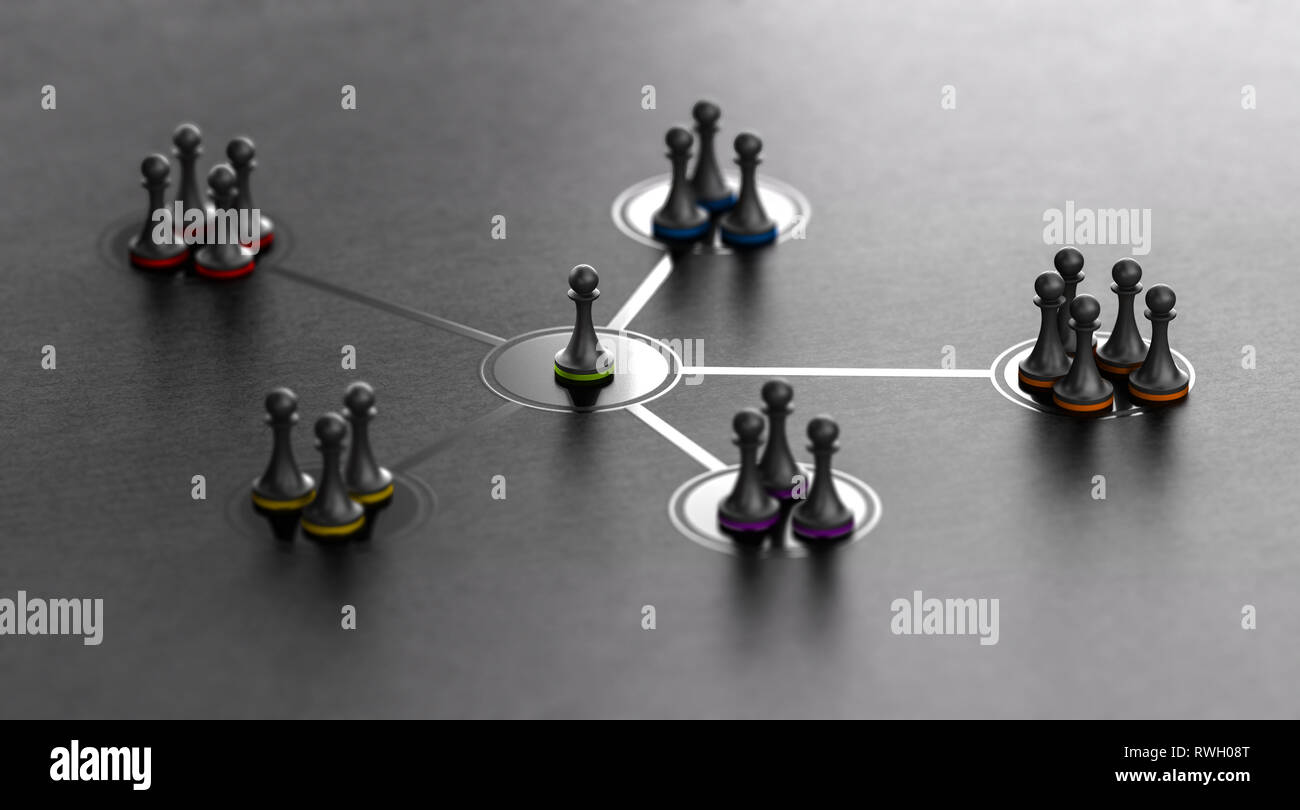 Organized groups managed by a leader. 3D ilustration of pawns with different colors over black background. Stock Photo