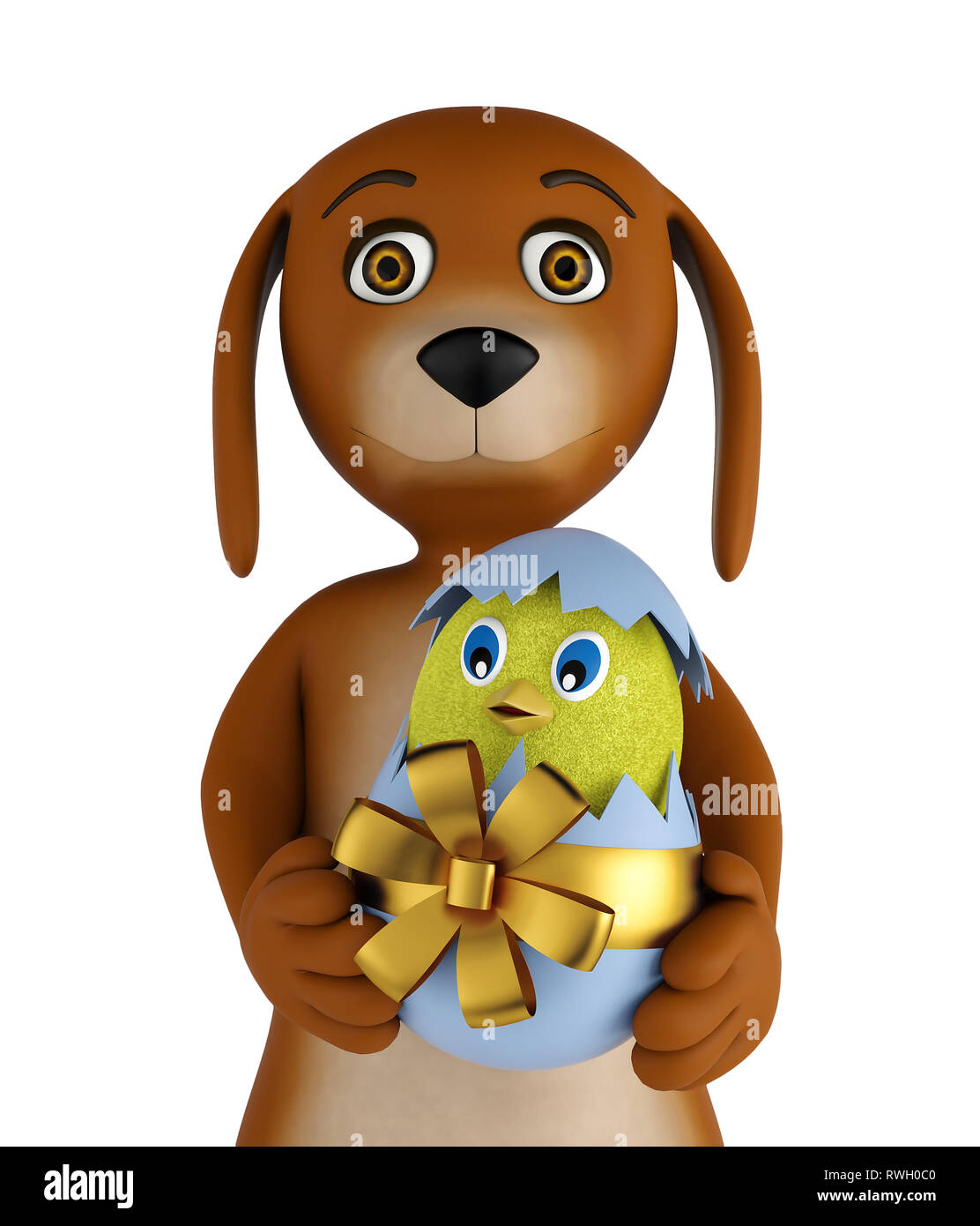 Cute dog holding easter egg with chiken isolated on white background. 3d render Stock Photo
