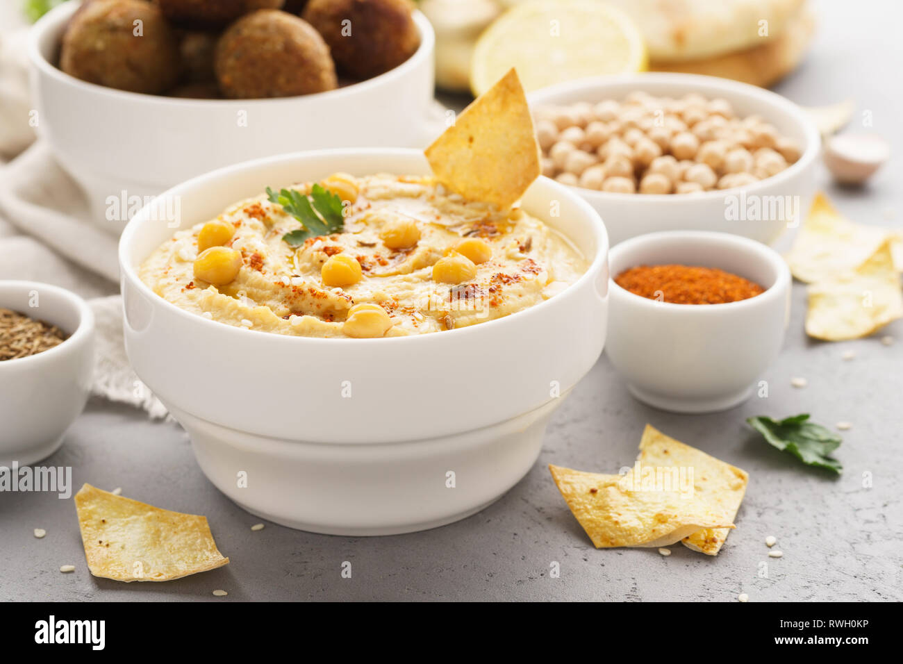 Traditional homemade hummus and falafel and chickpea served with pita