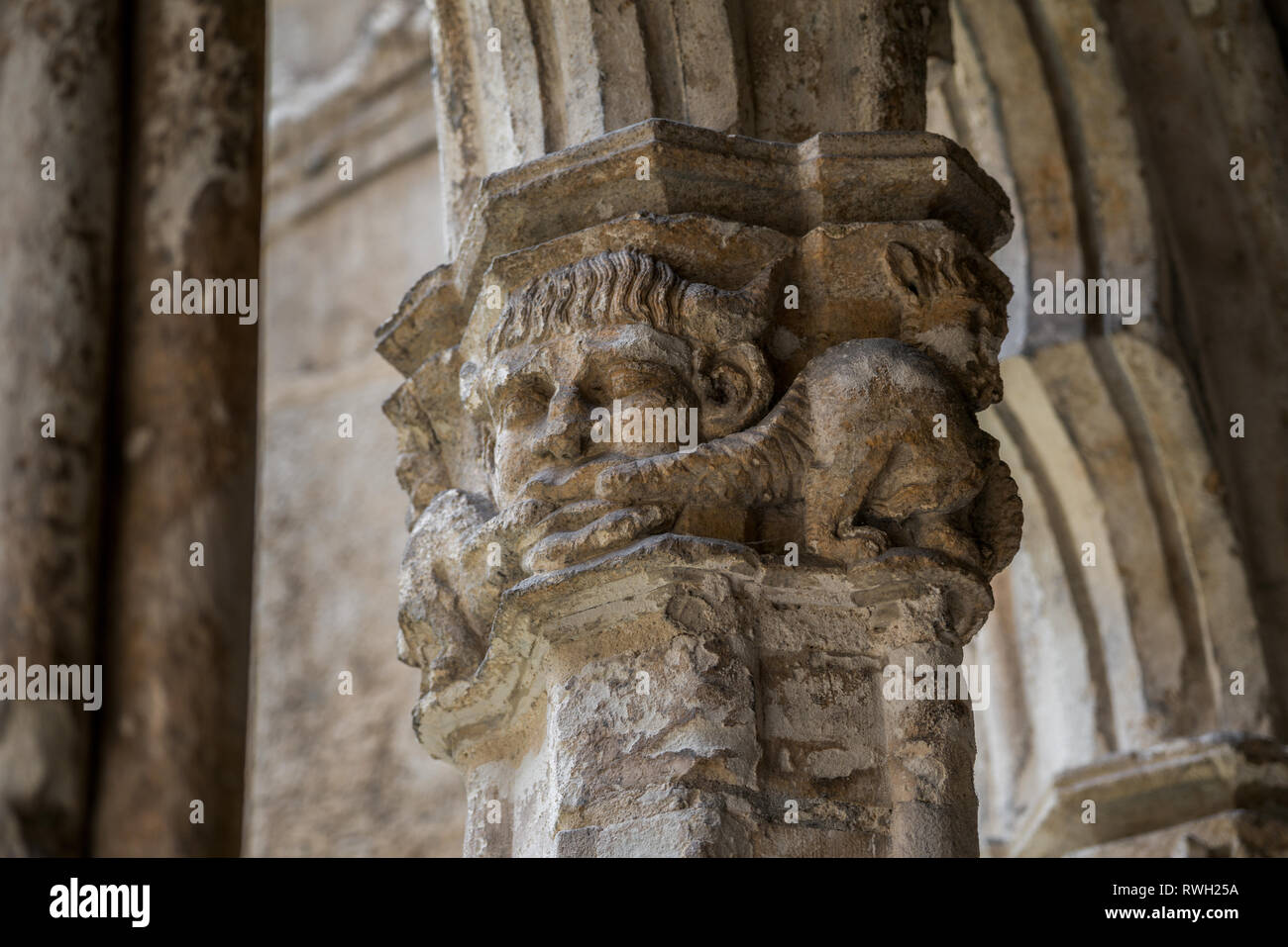 A capital from cloister of Cathedral of San Salvador in Oviedo, Asturias, Spain Stock Photo