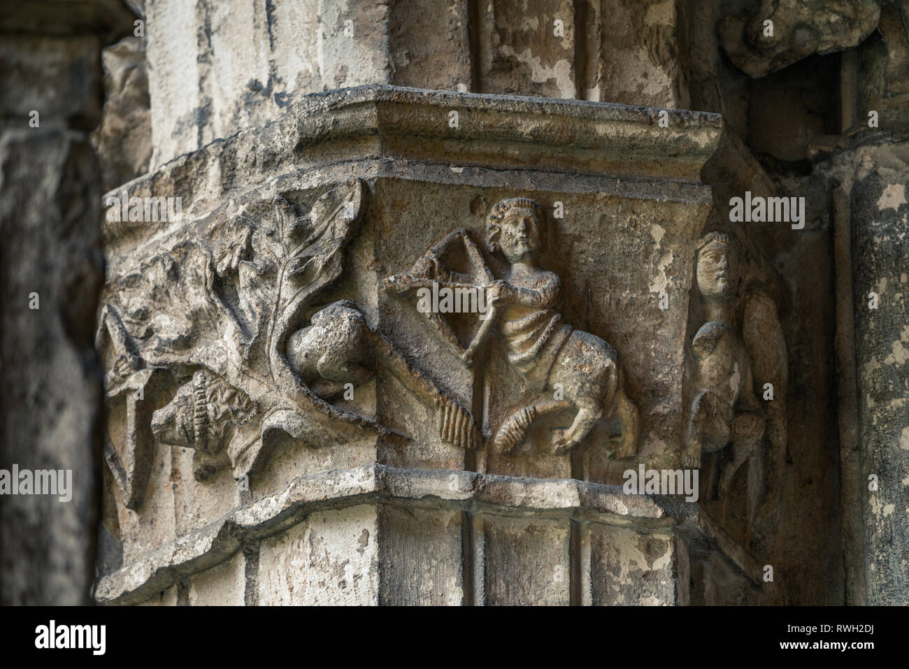 A capital from cloister of Cathedral of San Salvador in Oviedo, Asturias, Spain Stock Photo