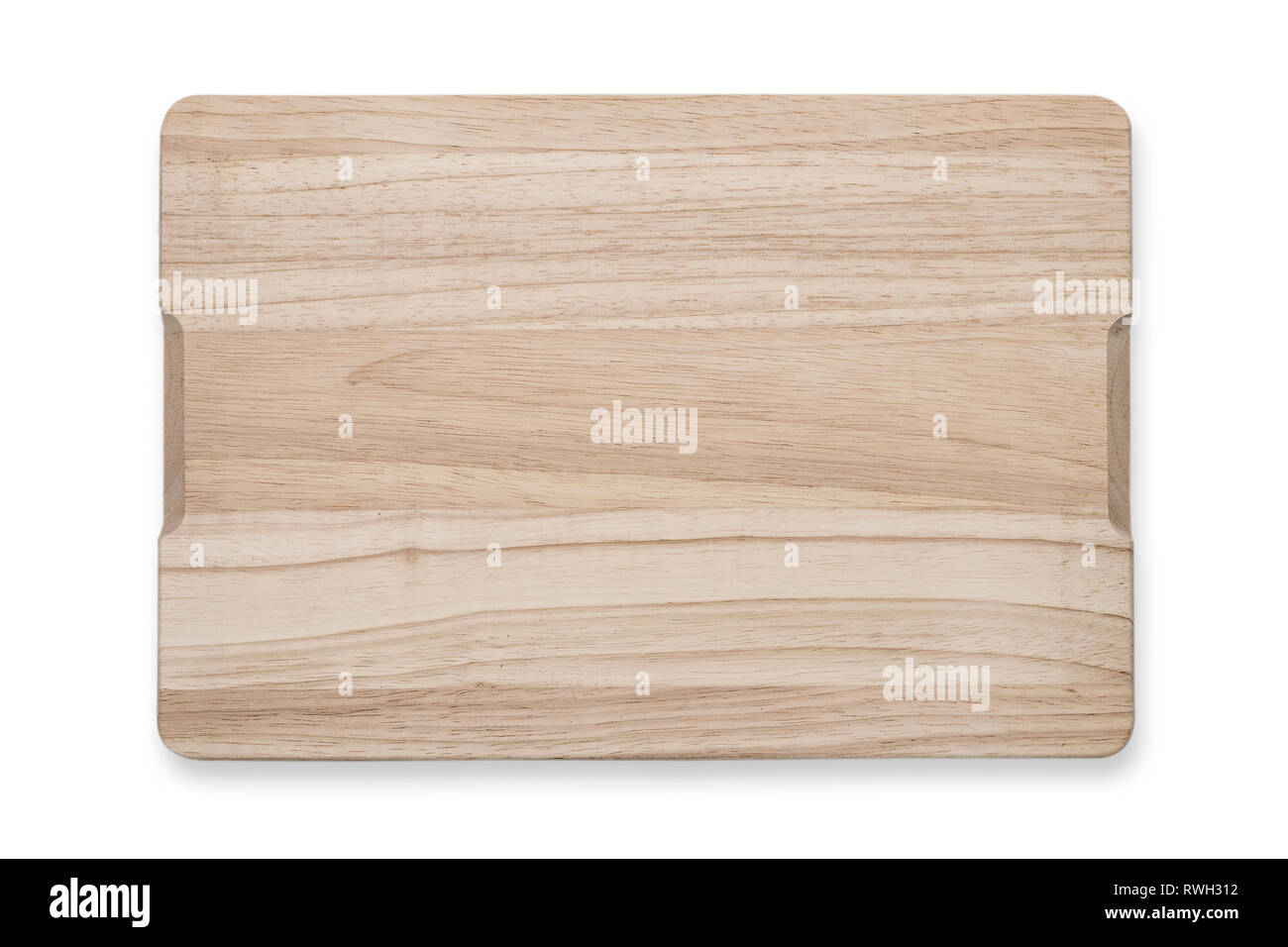 Top view of an empty wooden cutting board isolated on a white