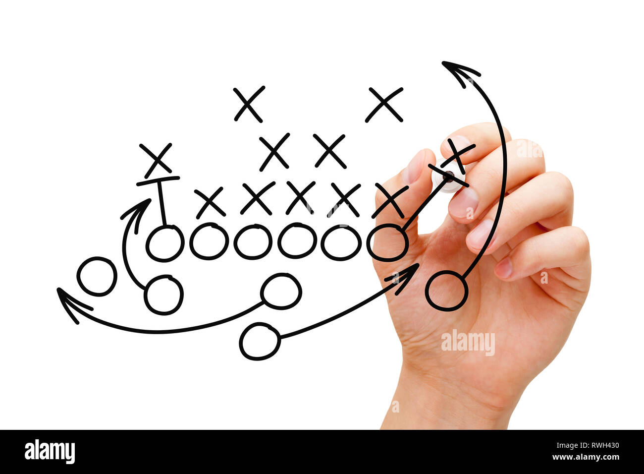 Coach drawing american football or rugby game playbook, tactics and strategy with black marker on white background. Stock Photo