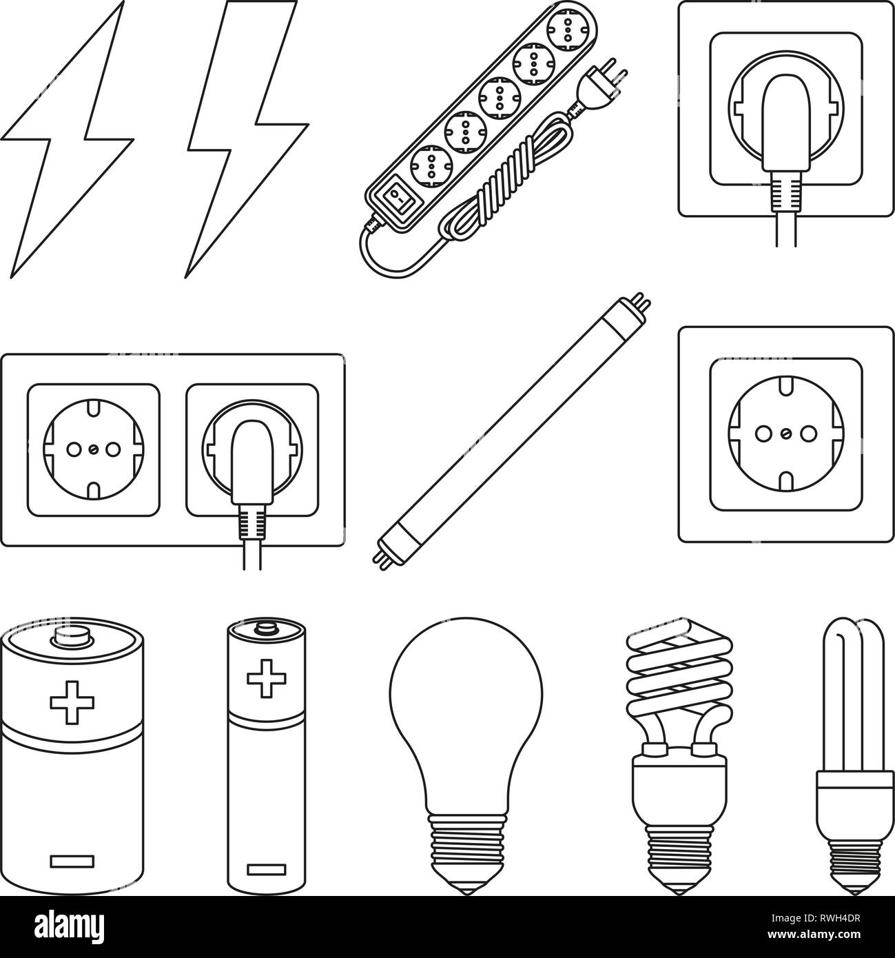 12 line art black and white electric elements set Stock Vector Image