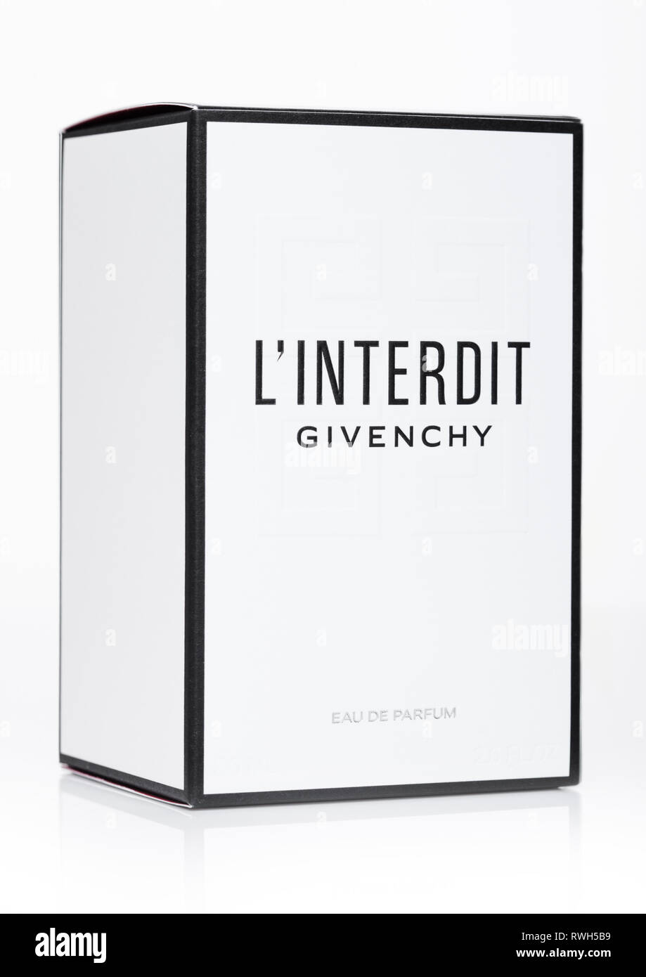 LONDON, UK - MARCH 05, 2019: Box of Givenchy L'interdit perfume on white. Stock Photo