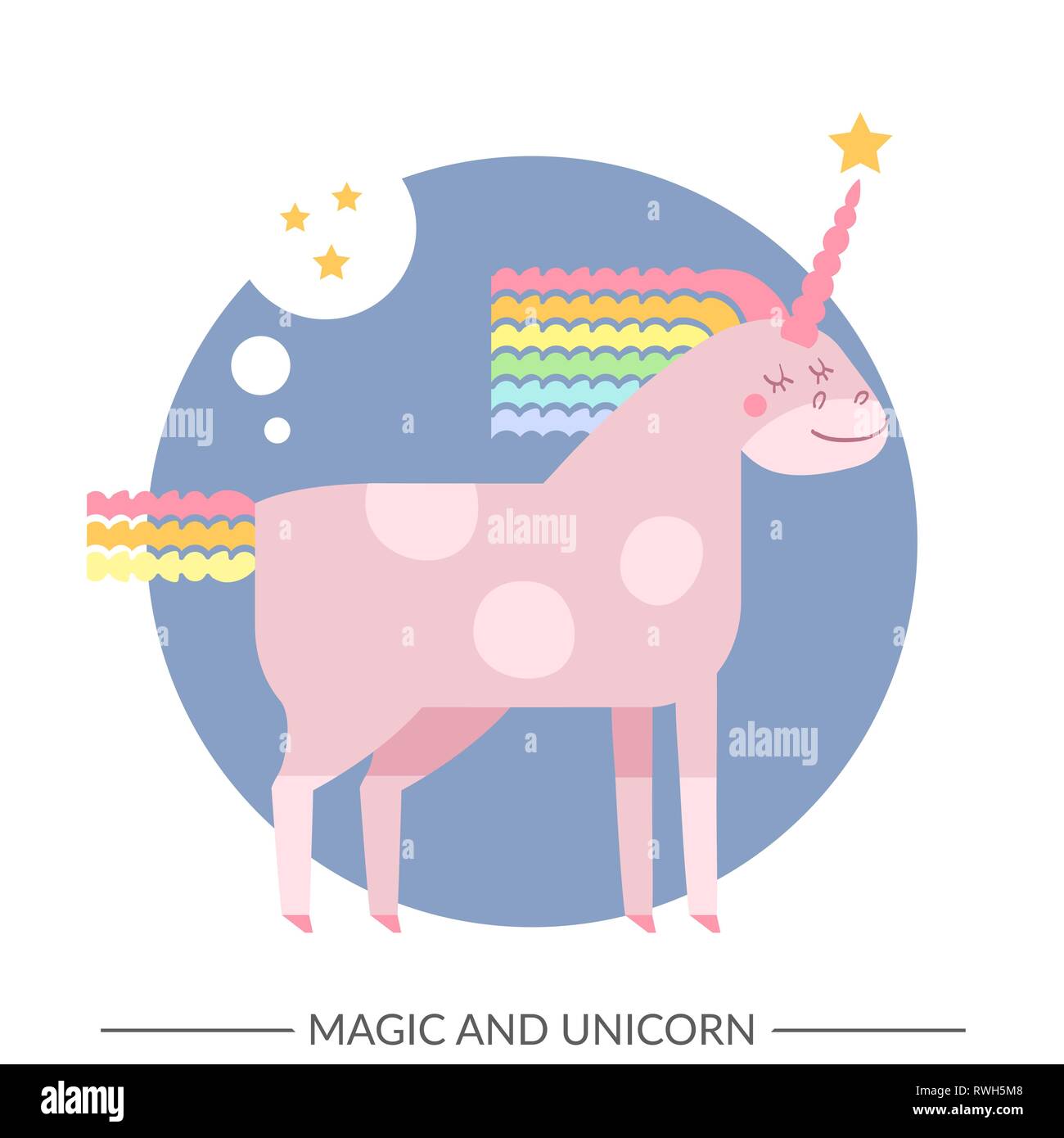 Cute vector unicorn in flat style. Unicorn horse with rainbow mane and tail for your design, fabric, textile, wallpaper, greeting and motivate postcar Stock Vector