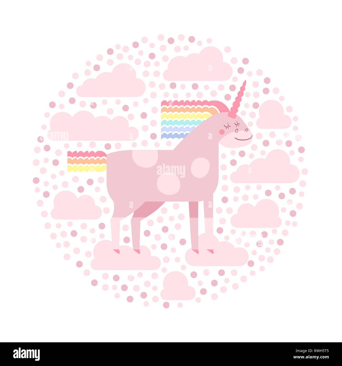 Cute vector unicorn in flat style. Unicorn horse with rainbow mane and tail for your design, fabric, textile, wallpaper, greeting and motivate postcar Stock Vector