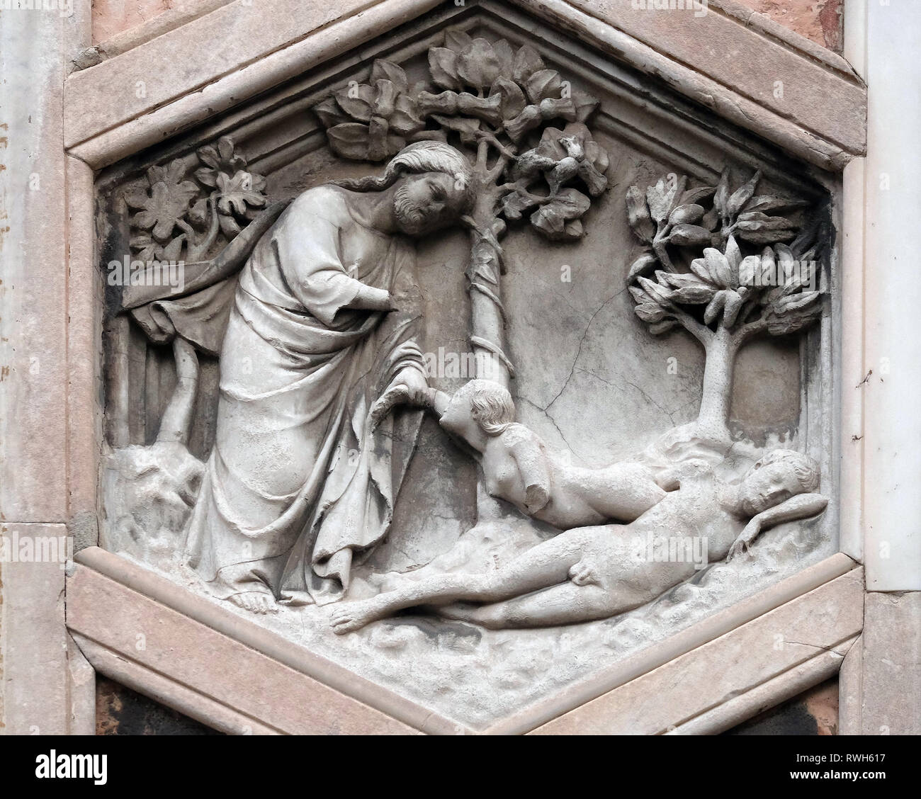 Creation of Eve by Andrea Pisano, 1334-36., Relief on Giotto Campanile of Cattedrale di Santa Maria del Fiore (Cathedral of Saint Mary of the Flower), Stock Photo