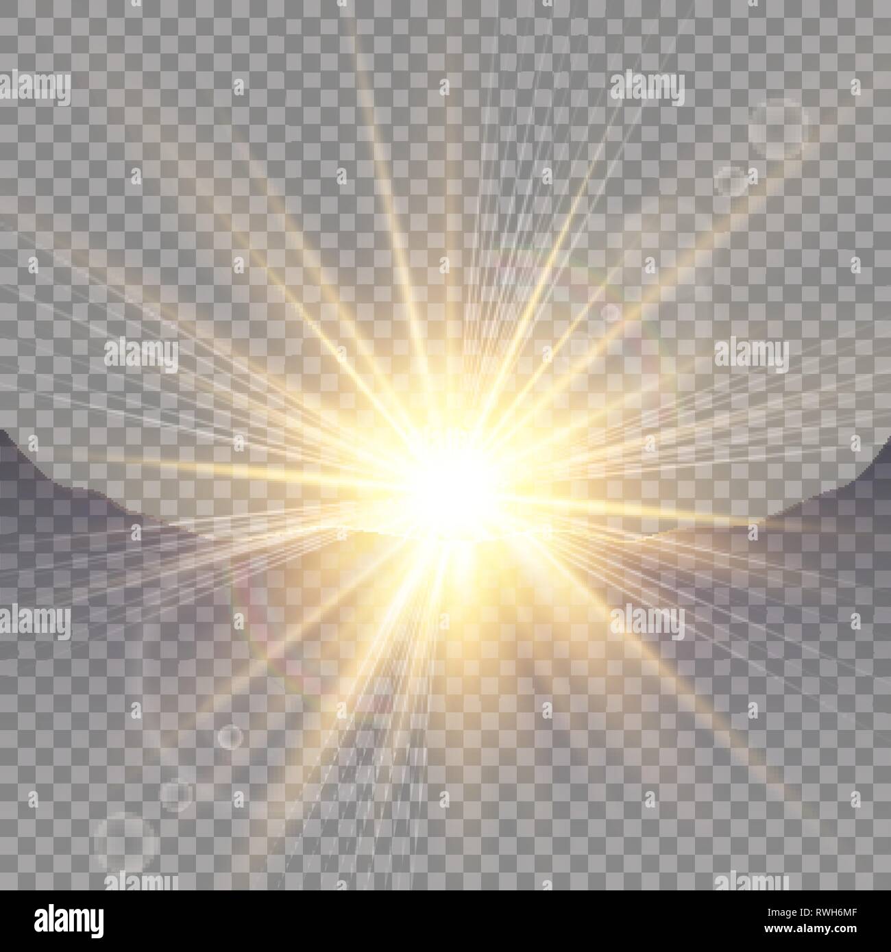 Sunrise over the mountains, dawn. Vector transparent sunlight. Special lens flare light effect. Stock Vector