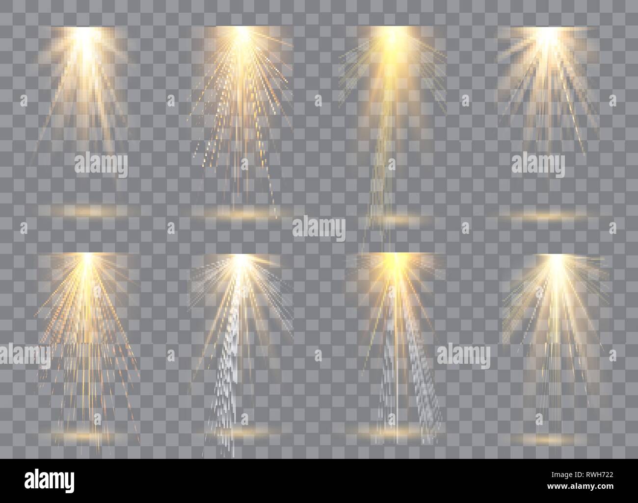 Scene illumination collection, transparent effects. Bright lighting with spotlights. Vector illustration. Stock Vector