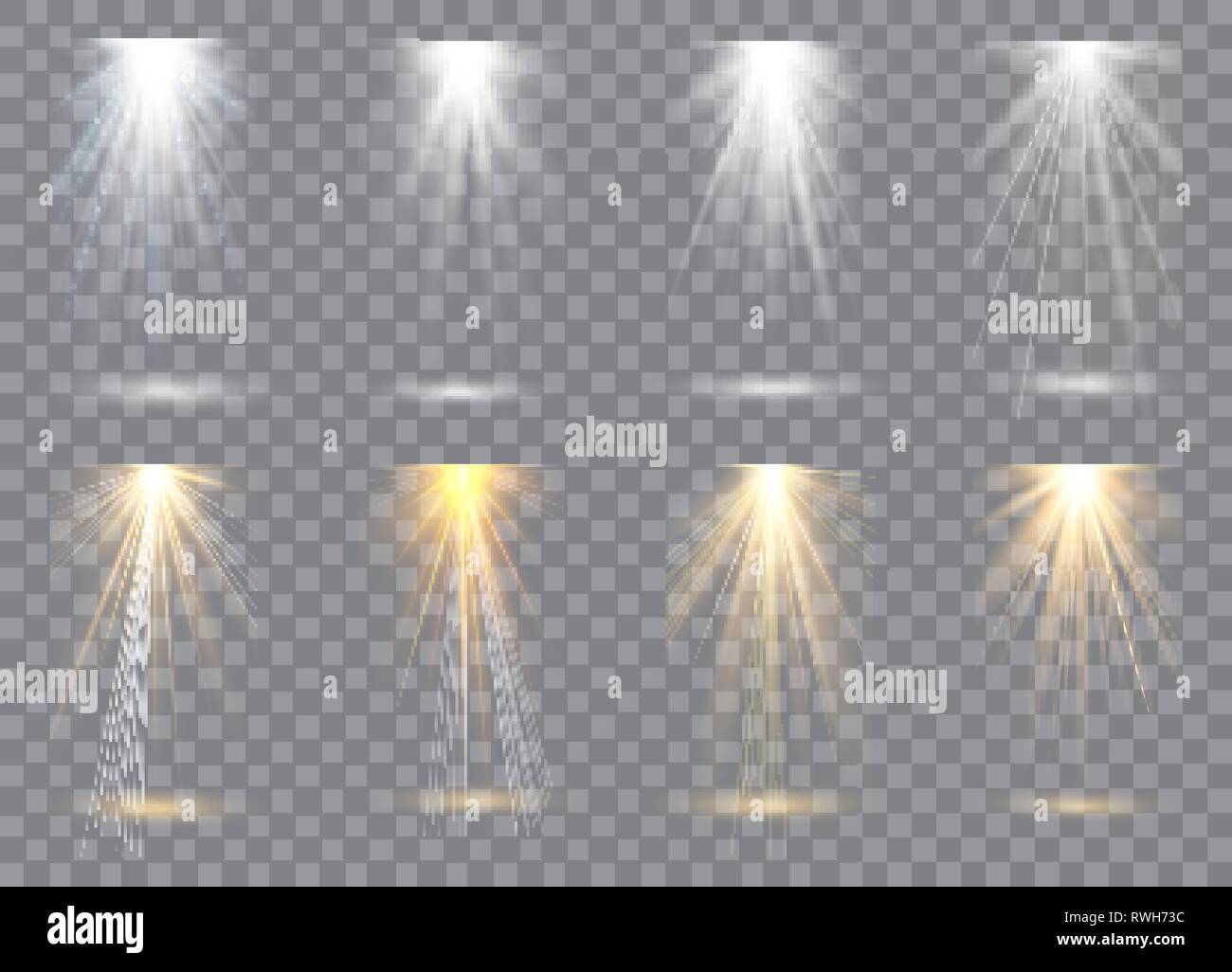 Scene illumination collection, transparent effects. Bright lighting with spotlights. Vector illustration Stock Vector