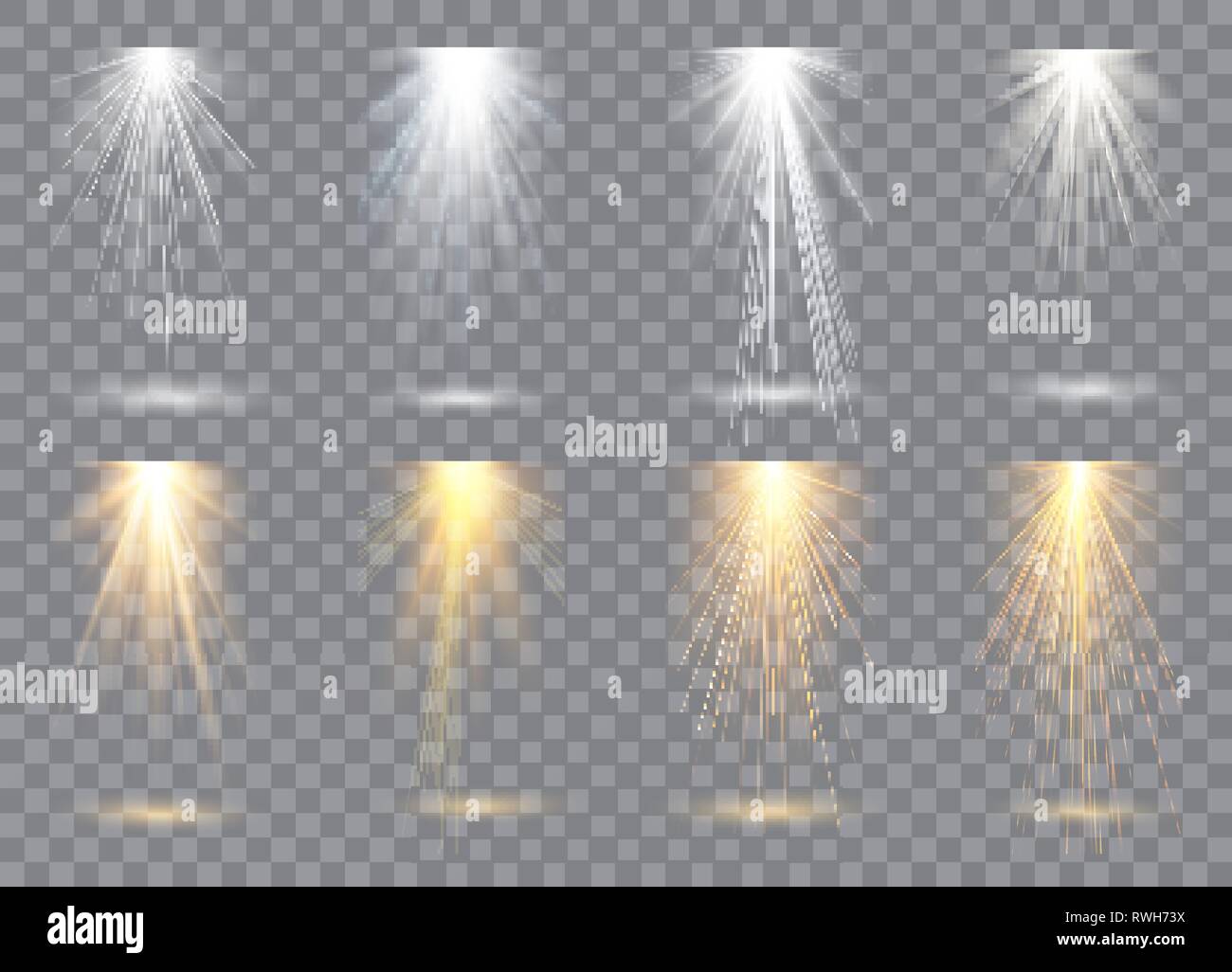 Scene illumination collection, transparent effects. Bright lighting with spotlights. Vector illustration Stock Vector