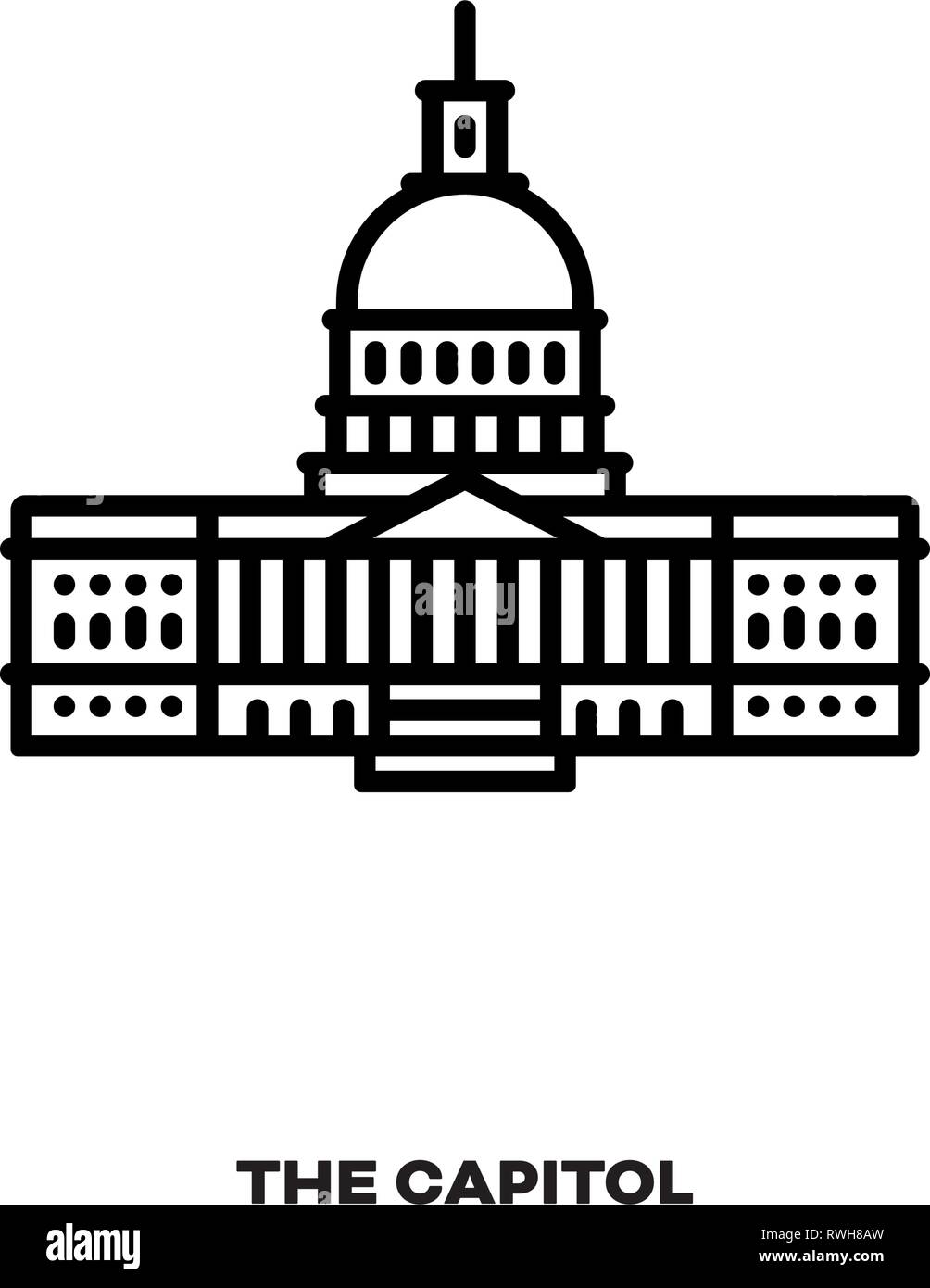 The Capitol, Congress building at Washington, D.C., United States of America, vector line icon. International landmark and tourism symbol. Stock Vector