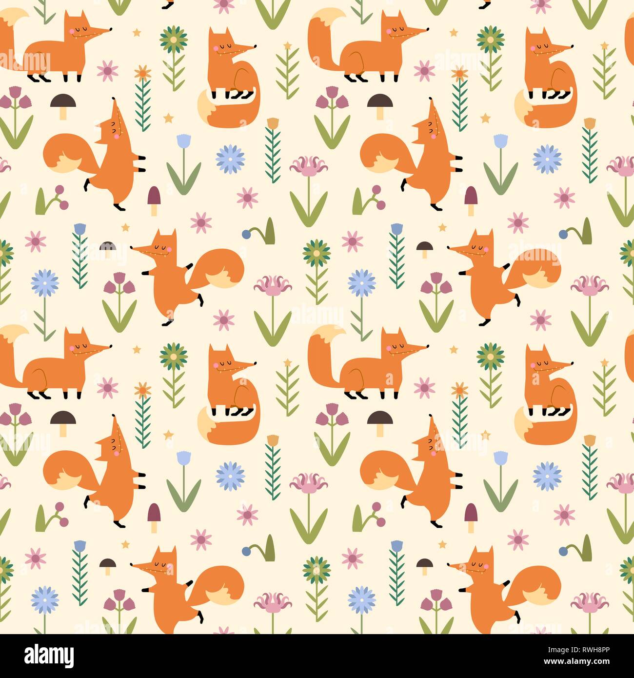 Hand drawn vector pattern with foxes in flat style. Beautiful seamless ...