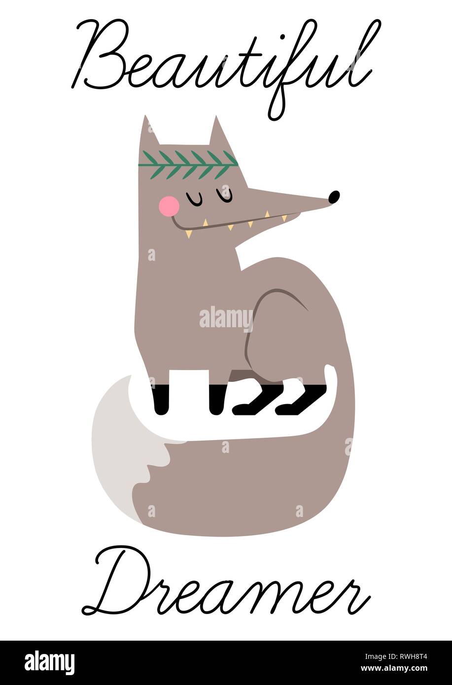 Cute hand drawn vector grey fox in flat style. Little funny stylized fox for your design. Stock Vector