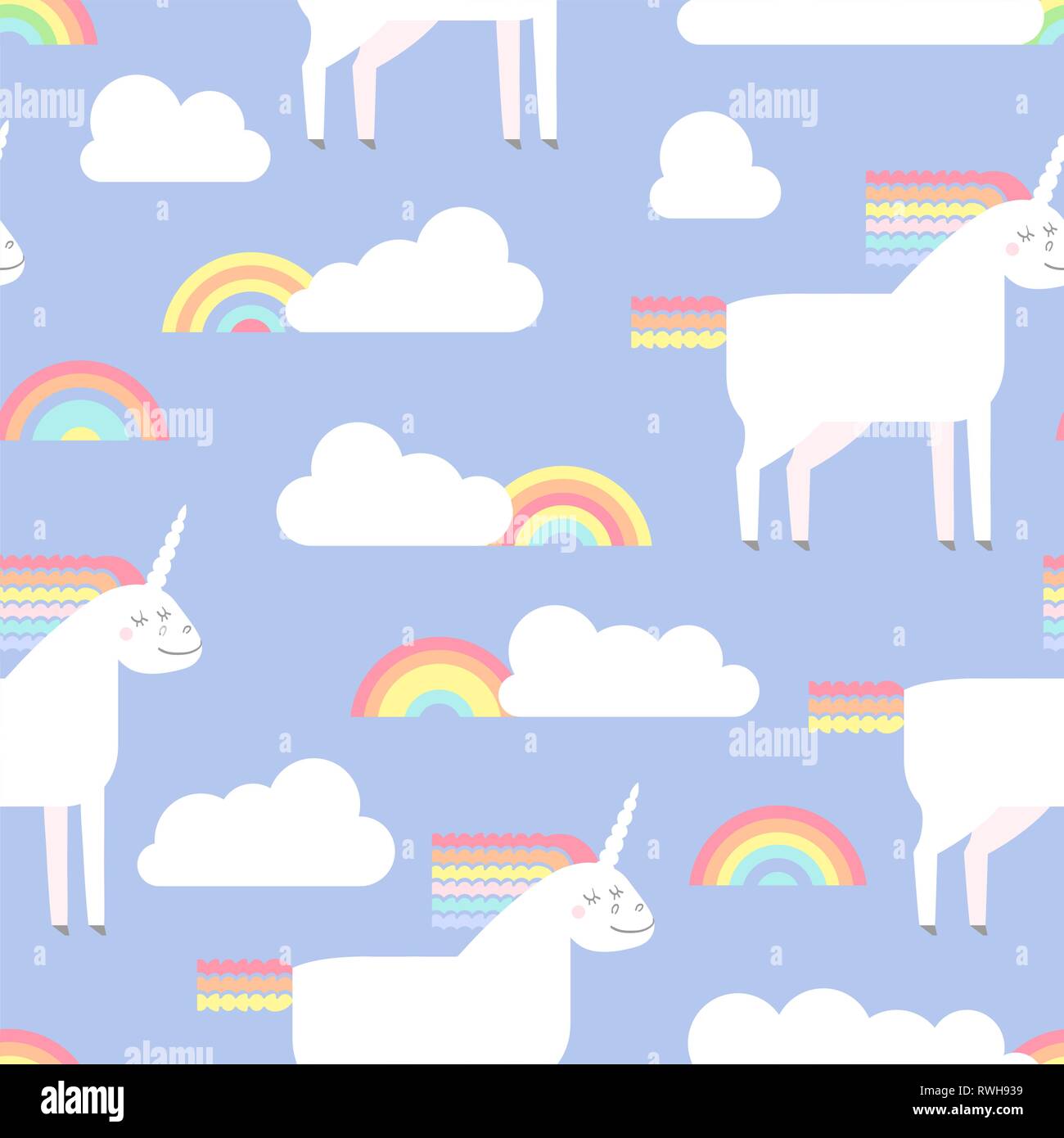 Vector seamless pattern with cute unicorn in flat style. Unicorn with rainbow mane and tail with clouds and rainbows for infant design. Stock Vector