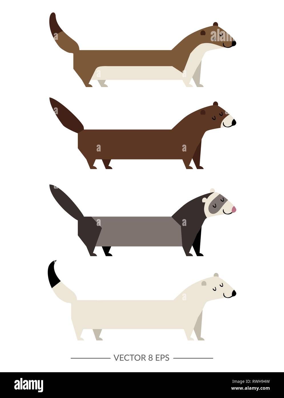 Vector. Set of flat style animals isolated on white background. Stock Vector