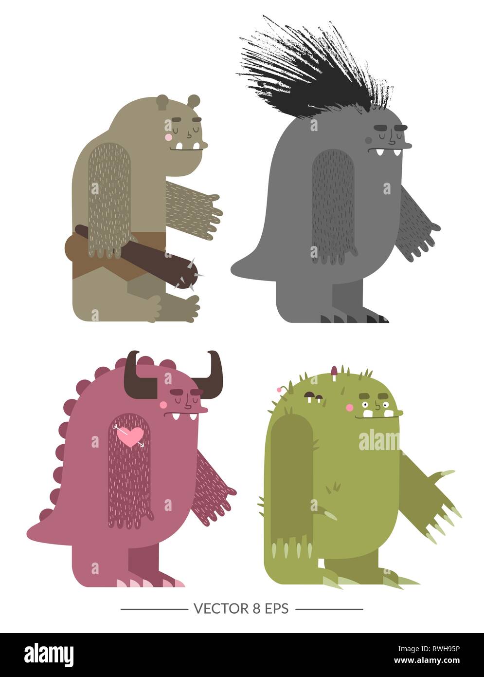 Vector. Set of flat style fantasy monsters. Stock Vector
