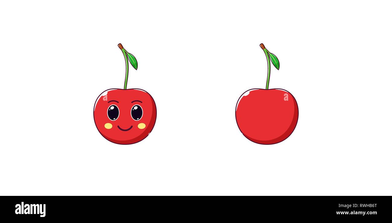 Cute Happy Red Cherry Character. Funny Fruit Emoticon In Flat