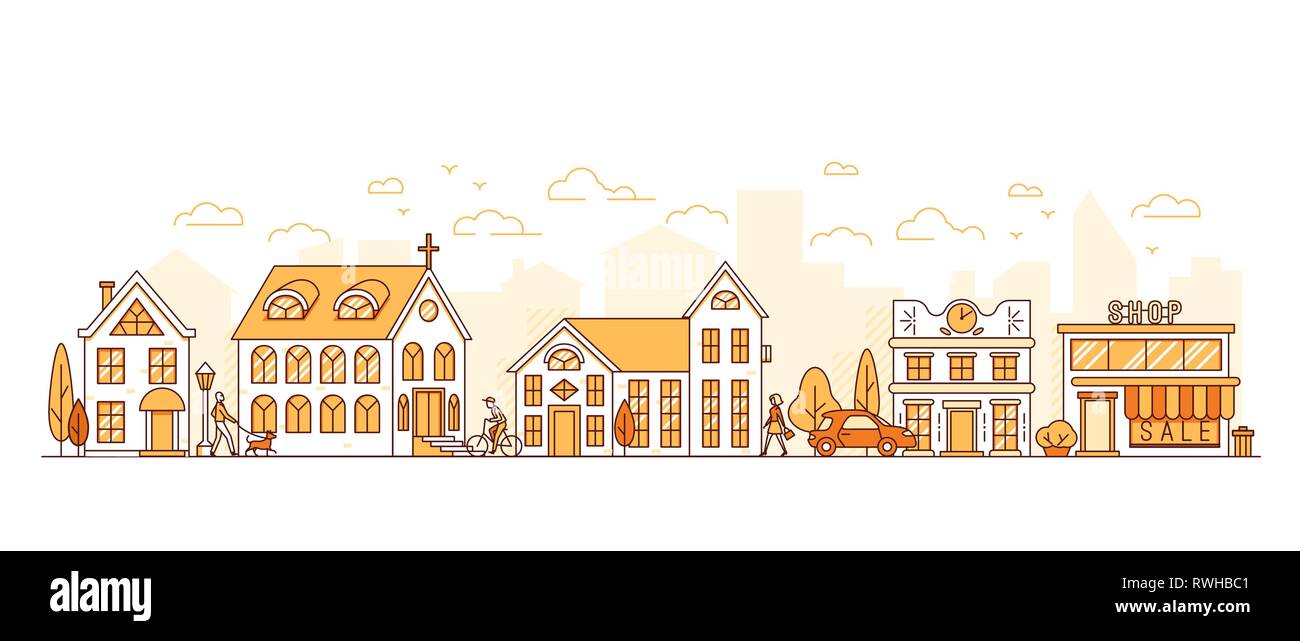 Line art, cityscape, town street with houses, church and shop Stock Vector