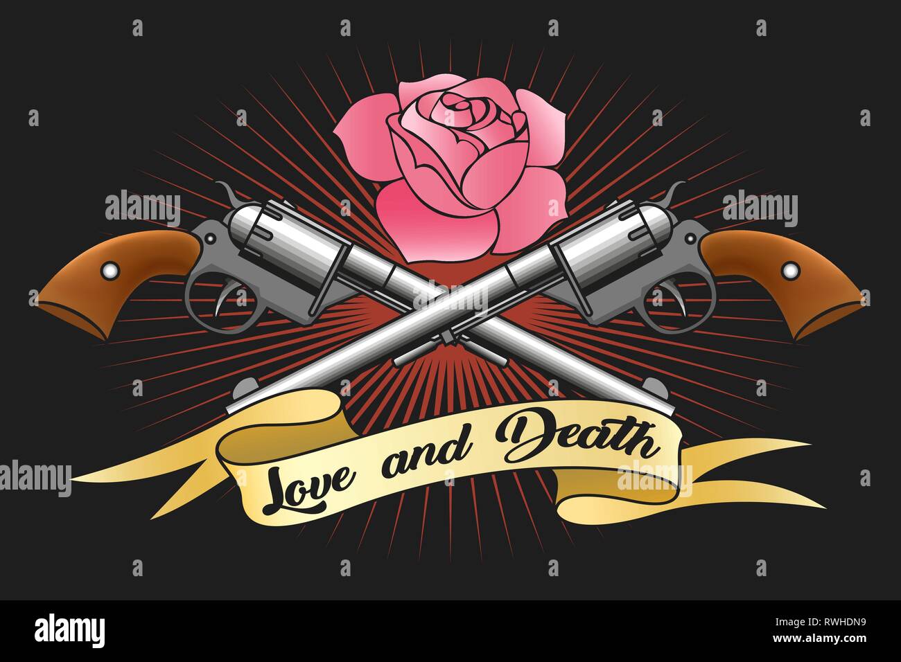 Two big old revolvers, pink rose and ribbon with lettering love and death. Vector illustration. Stock Vector