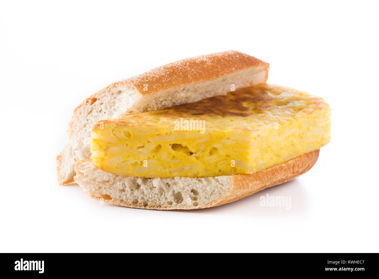 Bocadillo de tortilla española. Spanish potato omelette sandwich isolated on white background Stock Photo