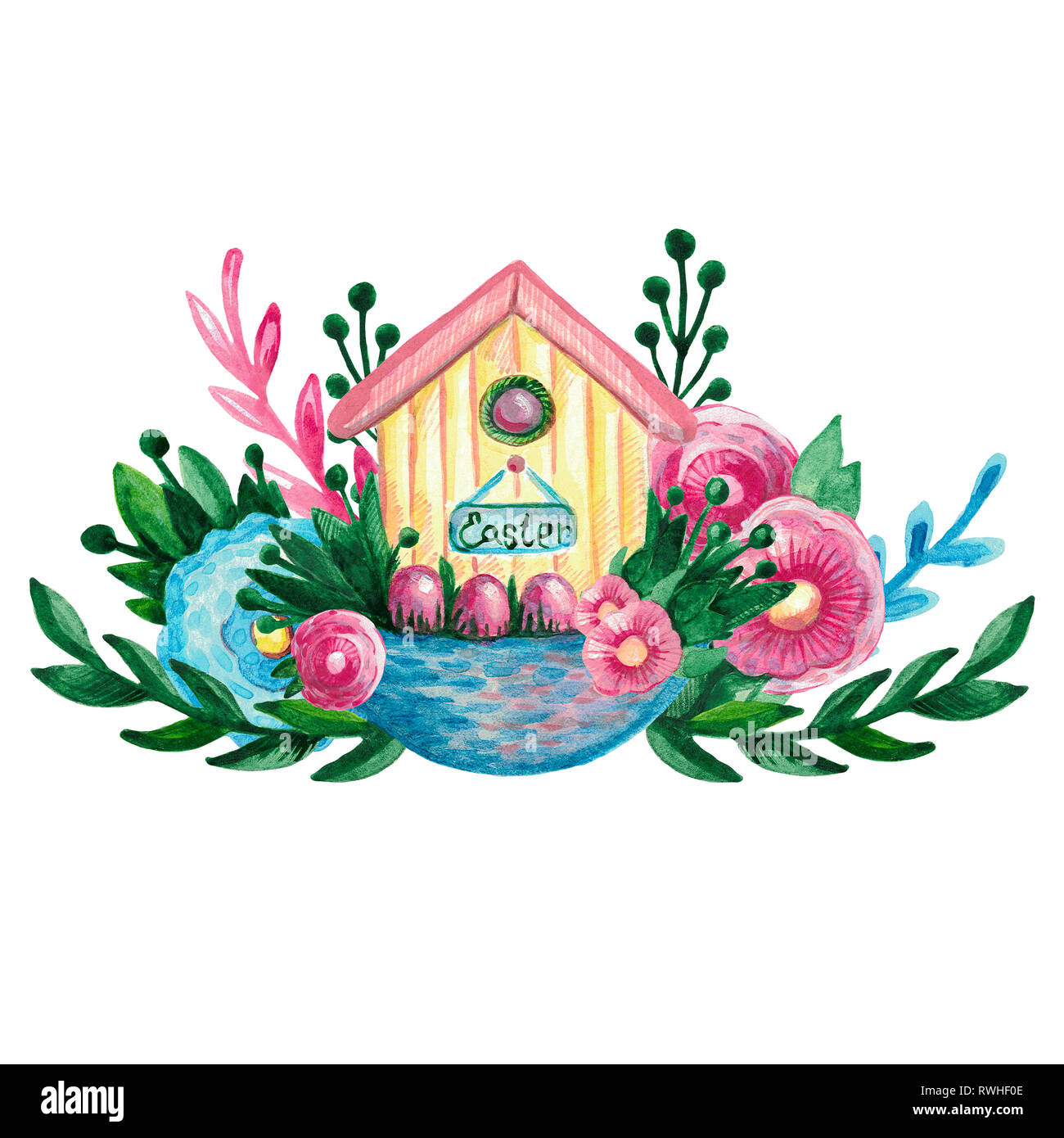 Spring Easter composition house basket branches flowers eggs on white isolated background. Festive symbolic elements Stock Photo