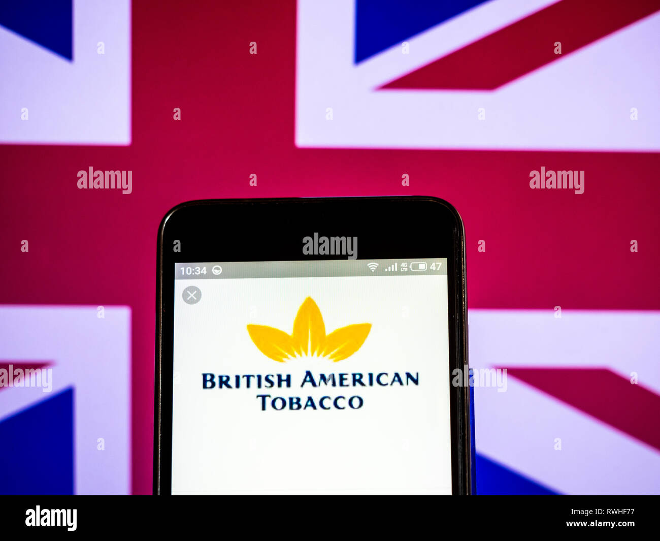 British American Tobacco company logo seen displayed on smart phone. Stock Photo