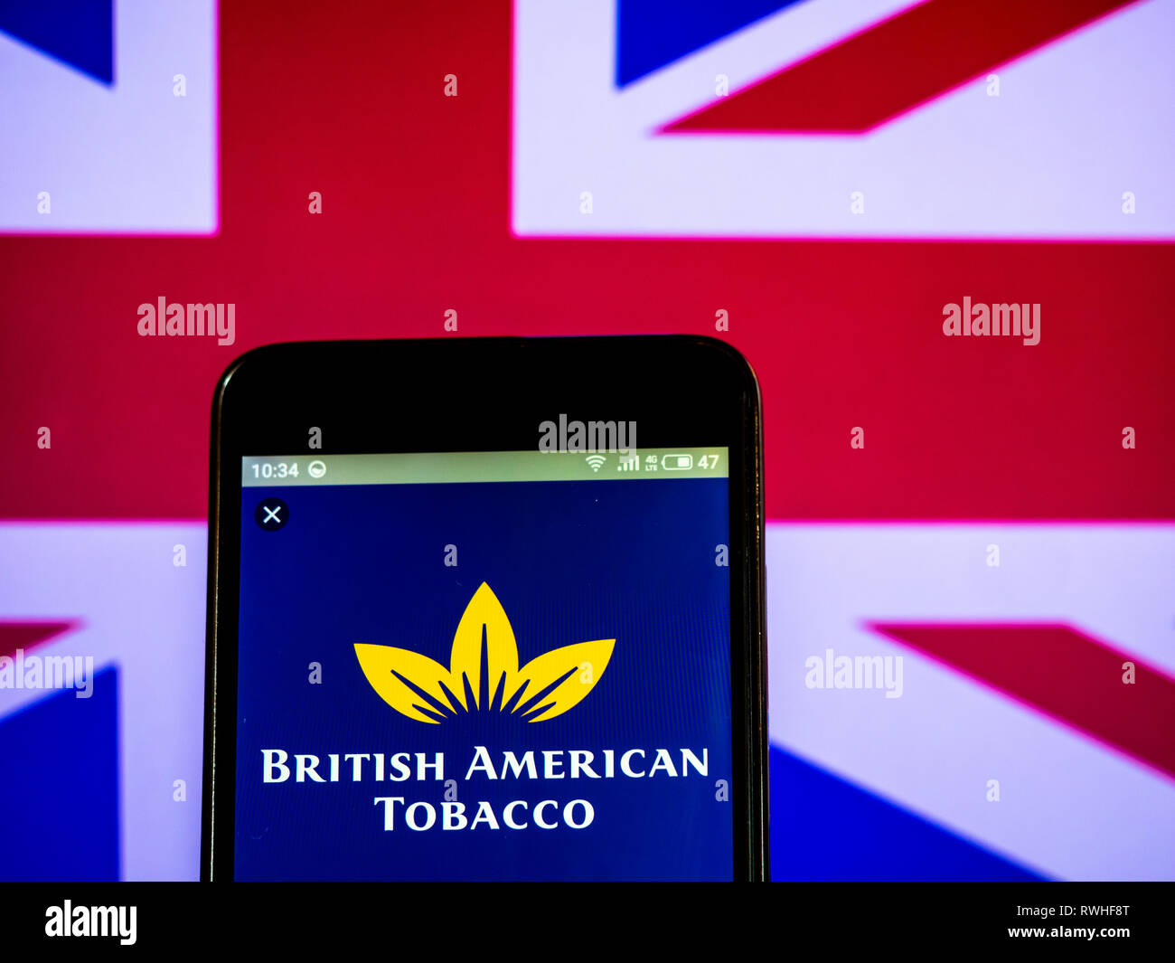 British American Tobacco company logo seen displayed on smart phone