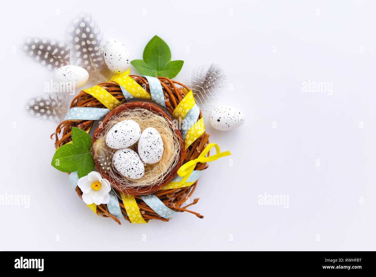 Easter eggs in the nest on a white background with empty space. Top ...