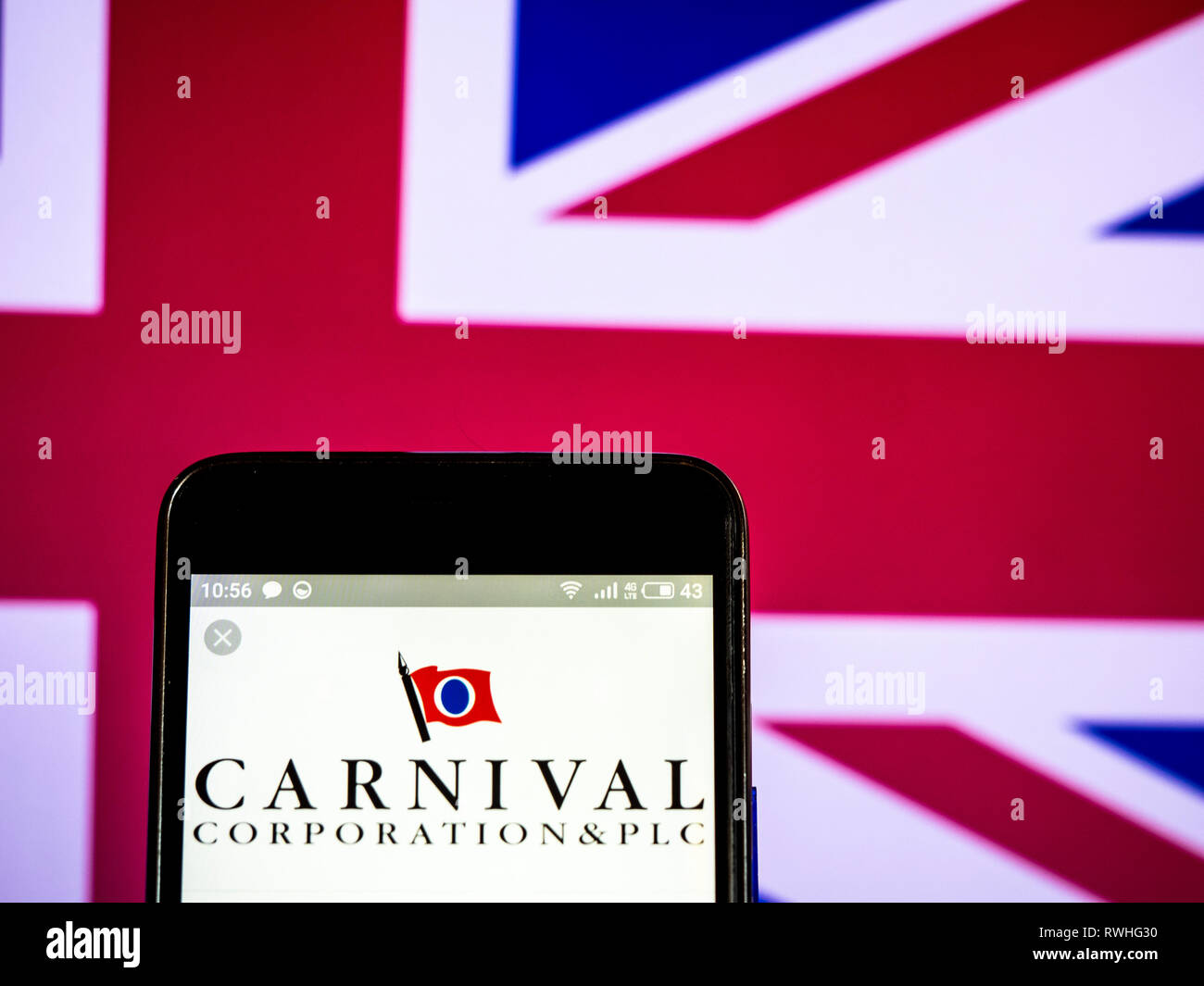 Carnival Corporation & plc logo seen displayed on smart phone. Stock Photo
