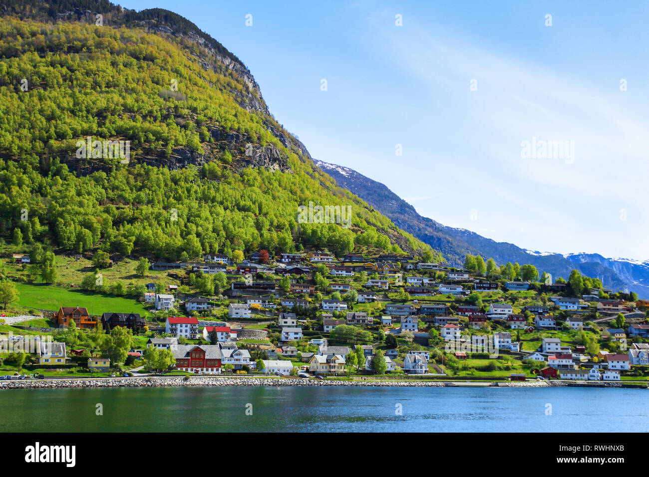 The village of Aurlandsvangen at the coast of the Sogne fjord (Aurlands ...
