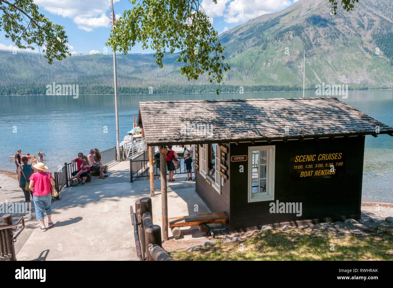 Scenic Cruises and Boat Rentals on Lake McDonald in Glacier National Park, Montana. Stock Photo