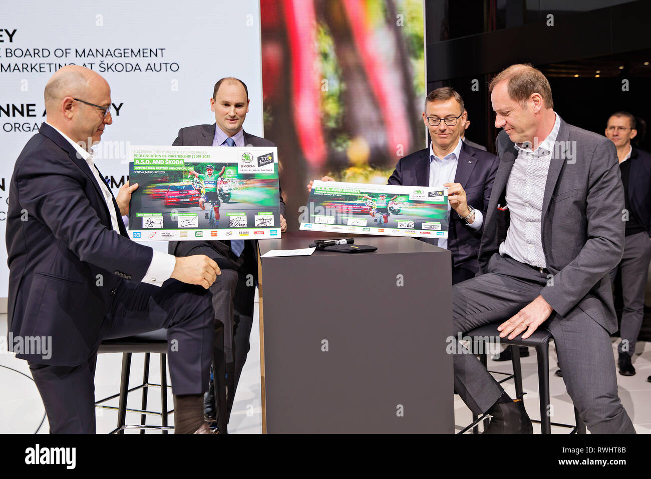 Skoda Auto CEO Bernhard Maier (left) and Tour de France director Christian Prudhomme signed a sponsorship contract up to 2023 during the 2019 Geneva I Stock Photo